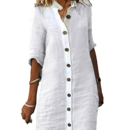 Shirt Collar Half Sleeve Large Round Buckle Cotton And Linen Dress